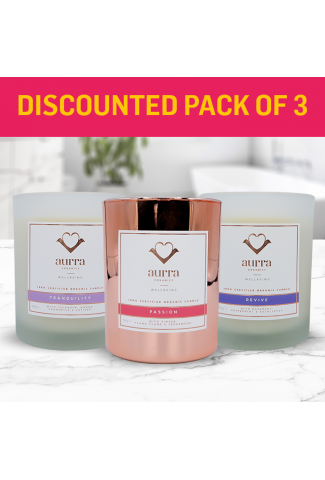 Discounted Pack! - Pack of 3 organic candles - Tranquility, Passion and Revive Aurra Organics 100% Certified Organic Candles - Normal SRP £152.22